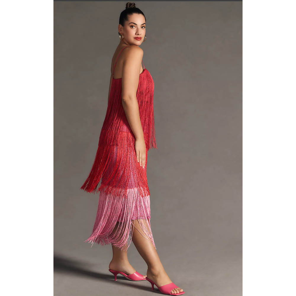 Anthropologie Red to Pink Fringe Slip Midi Dress